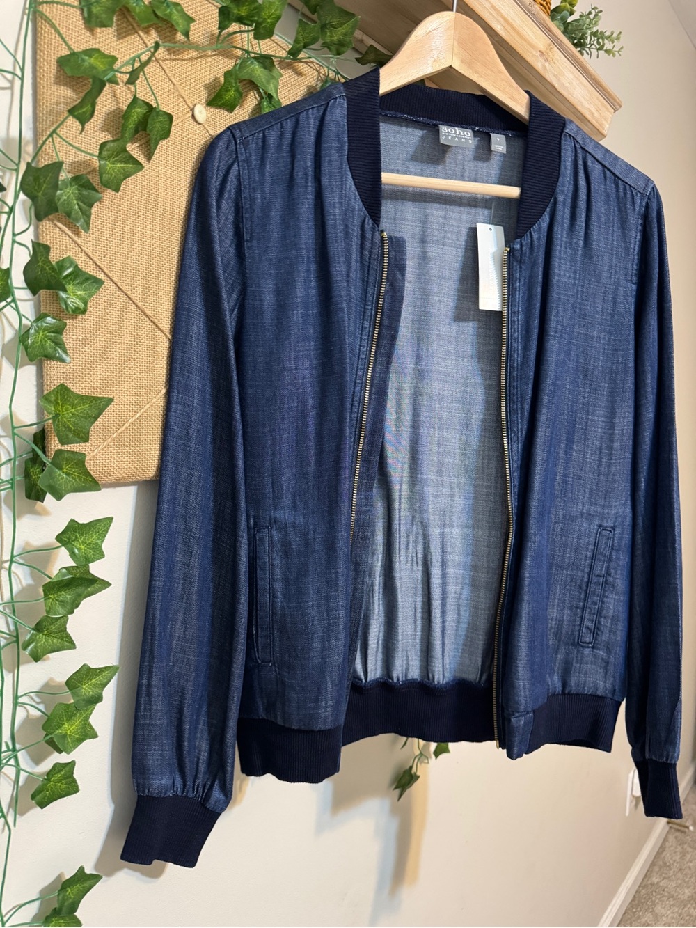 Soho Navy Denim-Look Bomber Jacket - Women's